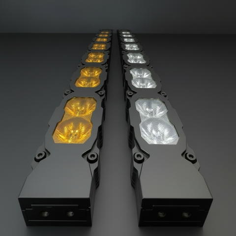 Modular GMC Sierra 1500 Light Bar pods with alternating amber and white LED flood beam pattern on dark background