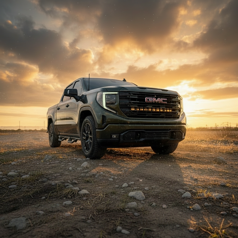 2021+ GMC Sierra 1500 with GMC Sierra 1500 Light Bar installed, parked off-road at sunset showcasing PRO front lighting