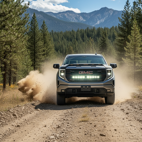 Off-road 2019+ GMC Sierra 1500 with front-mounted GMC Sierra 1500 Light Bar kicking up dust on a rugged forest trail