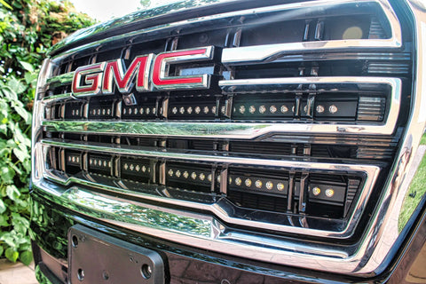 GMC Yukon 2021-24 Single 40in Light Bar - SLIM installed below GMC logo on vehicle grille.