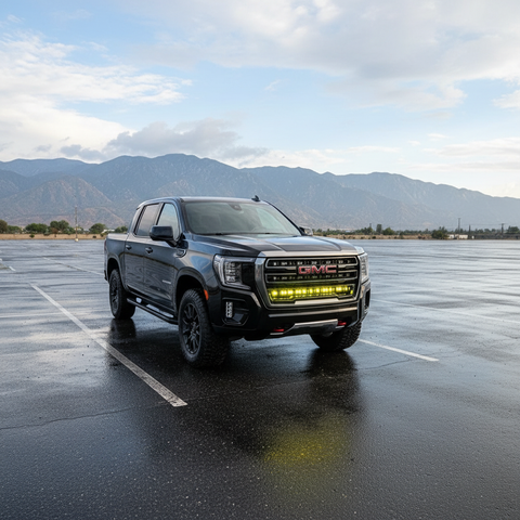 GMC Yukon 40in Light Bar with grille-mounted PRO LED bar on a rugged truck in a parking lot
