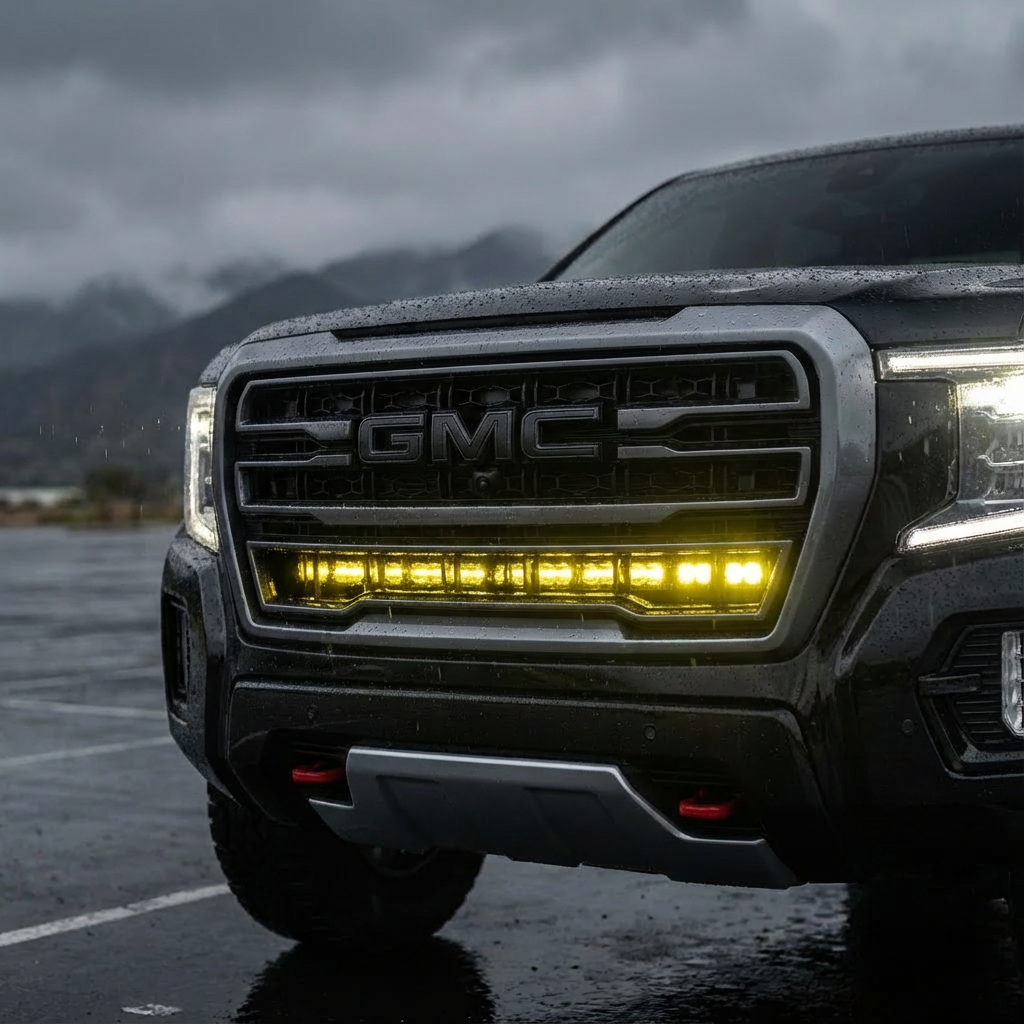 GMC Yukon 40in Light Bar - F150 Raptor Modular Bumper 40in Light Bar 2021-2024 PRO on GMC Yukon vehicle with LED light bar behind grille