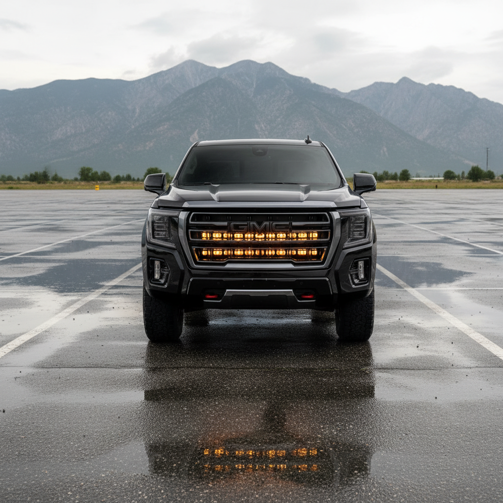 GMC Yukon LightBar 2021-2024 PRO installed behind grille with amber LED light bars on front view