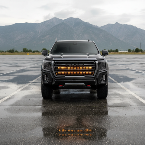 GMC Yukon LightBar 2021-2024 PRO installed behind grille with amber LED light bars on front view