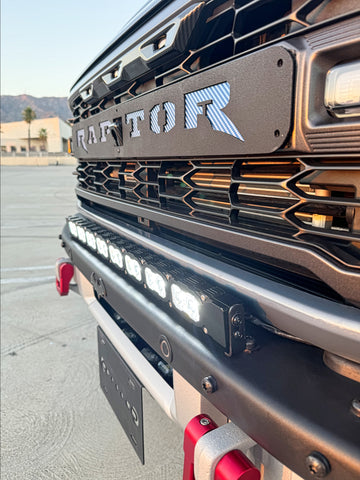 upclose view bronco raptor bumper and grille with led light bar white