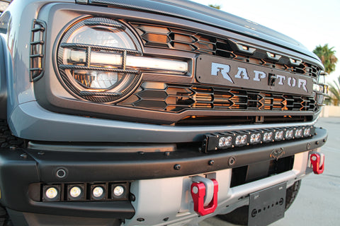 upclose view bronco raptor bumper and grille with led light bar 