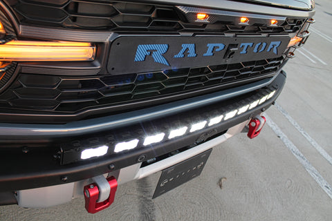 top view ford bronco raptor with curved white led light bar on top of bumper