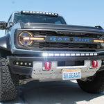 Ford Bronco 40in Roof Light Bar on Raptor front view - 2021-2026 Ford Bronco with curved LED bar, black powder-coated brackets, and integrated low-profile roof mounting