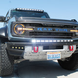 Ford Bronco 40in Roof Light Bar on Raptor front view - 2021-2026 Ford Bronco with curved LED bar, black powder-coated brackets, and integrated low-profile roof mounting