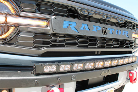 upclose view ford bronco raptor with amber curved led light bar on top of bumper