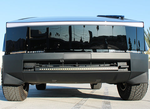 black tesla cybertruck with curved LED light bar in the bumper