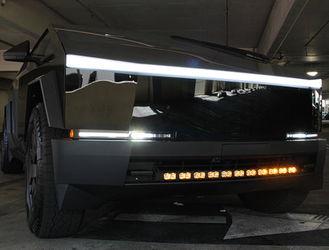 black tesla cybertruck with amber Daytime running curved light bar backglow light bar m&r automotive 