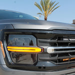 Ford F150 ditch lights—Hood Mount/Ditch Lights/Pillars with amber DRL backglow and white LED main light on 2024+ Ford F150
