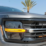 Ford F150 ditch lights—Hood Mount/Ditch Lights/Pillars with amber DRL backglow and white LED main light on 2024+ Ford F150