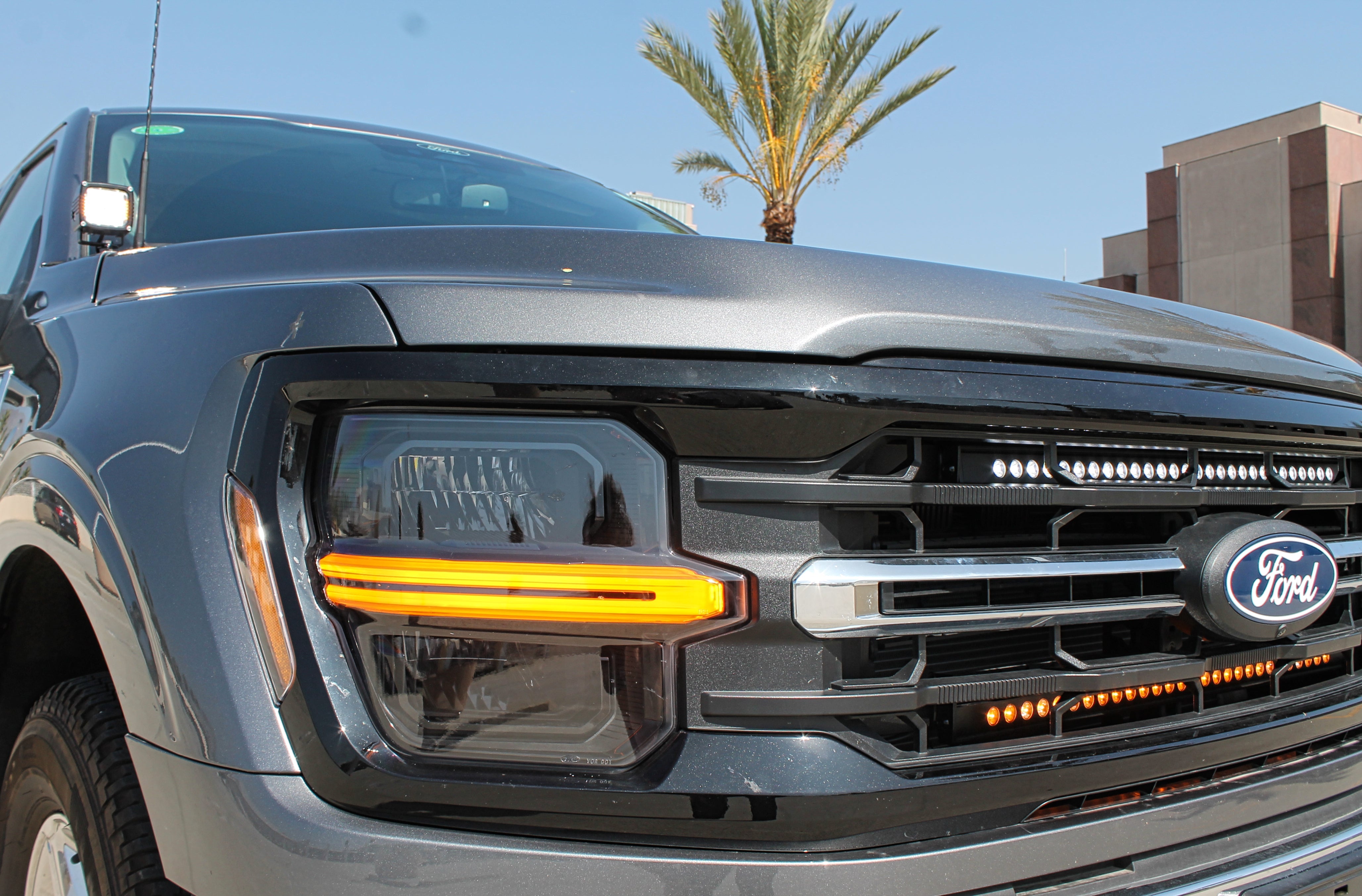 Ford F150 ditch lights—Hood Mount/Ditch Lights/Pillars with amber DRL backglow and white LED main light on 2024+ Ford F150