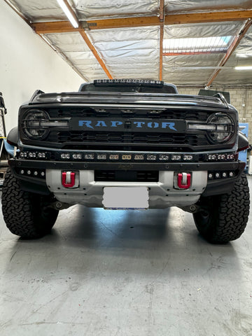 ford bronco raptor with m&r automotive LED lights for off roading, roof bar, bumper light bar, fog lights and ditch lights