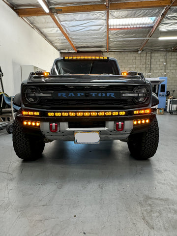 ford bronco raptor with m&r automotive LED lights for off roading, roof bar, bumper light bar, fog lights and ditch lights