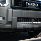 Land Cruiser lightbar on 2024+ Toyota Land Cruiser front grille installation, slim LED bar installed behind lower grille for Land Cruiser 1958 and Land Cruiser models