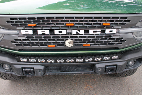 top view green 2021 bronco capable bumper with led light bar installed on top for off roading