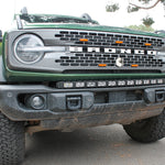 green 2021 bronco capable bumper with led light bar installed on top for off roading
