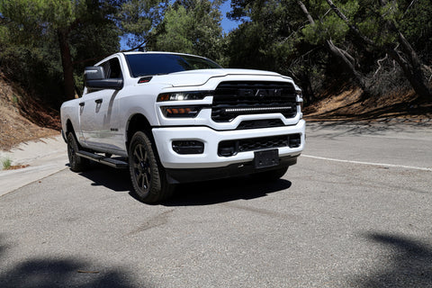 2025+ RAM 2500 light bar slim 40in curved LED front view on white RAM 2500 truck, fits 2025 2026 RAM 2500 3500 trims