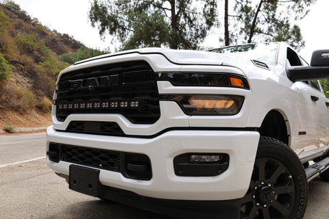 2025+ RAM 2500 light bar installed on white RAM 2500 front grille, showcasing 40in PRO curved LED light bar fitment for 2025 2026 models