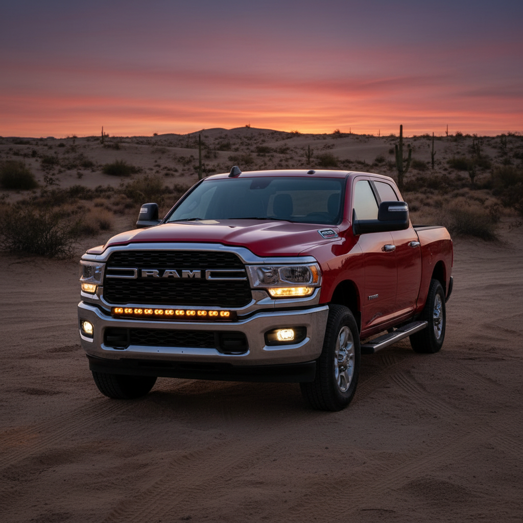 RAM 2500 3500 HD 40in Light Bar PRO installed on red RAM 2500 in desert at sunset, curved LED bar following factory bumper line