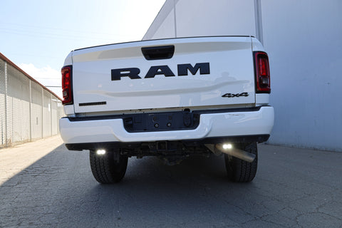 RAM 2500 Reverse Light Kit installed on white RAM 2500 truck showing bright LED reverse pods illuminated