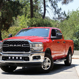 RAM 2500 lightbar Bumper Light kit installed with lower grille light pods on red 2019-2024 RAM 2500 truck front view