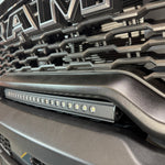 RAM RHO lightbar on 2025+ RAM 1500 Rebel with curved slim design, mounts between grille and bumper, powder-coated black bracket, 23in, RAM RHO lightbar