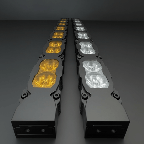 RAM RHO light bar PRO dual row LED modules with amber and white lenses for 2025+ RAM 1500 RHO front bumper lighting