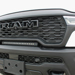 RAM RHO lightbar installed on 2025+ RAM 1500 Rebel between grille and bumper for a slim, built-in look
