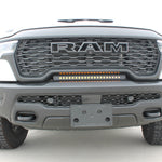 RAM RHO lightbar 2025+ 23in Slim installed on RAM 1500 Rebel; curved slim light bar between grille and bumper, black powder-coated bracket, two installation options