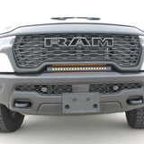 RAM RHO lightbar 2025+ 23in Slim installed on RAM 1500 Rebel; curved slim light bar between grille and bumper, black powder-coated bracket, two installation options