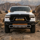 RAM Rebel Light Bar 2019-2024 single 40in slim light bar mounted on white RAM 1500 Rebel off-road in rocky desert