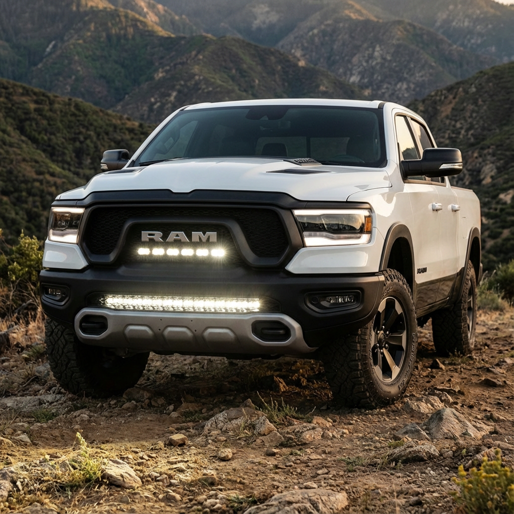 RAM Rebel Light Bar 2019-2024 single 40in slim LED light bar installed on white RAM 1500 Rebel off-road