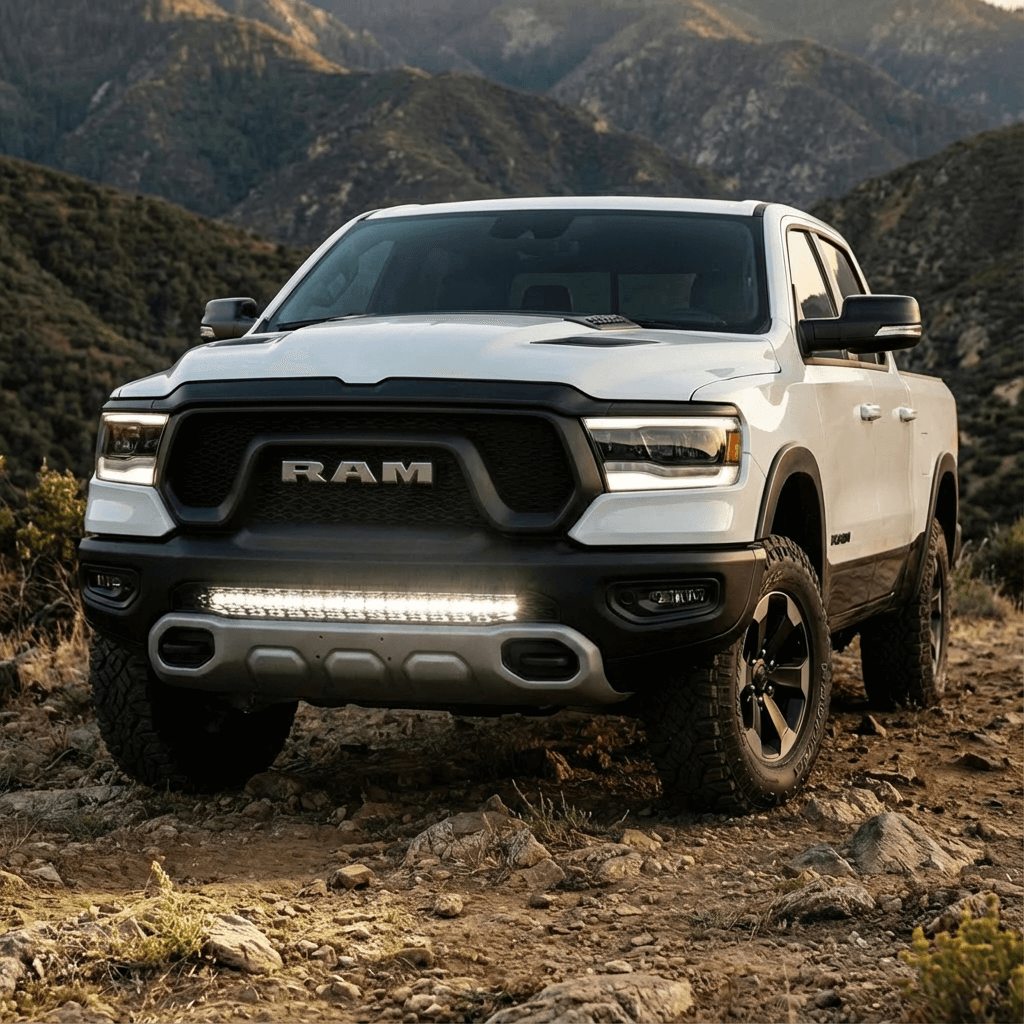 RAM Rebel Light Bar on 2019-2024 RAM 1500 Rebel with single 40in slim LED light bar mounted on front bumper