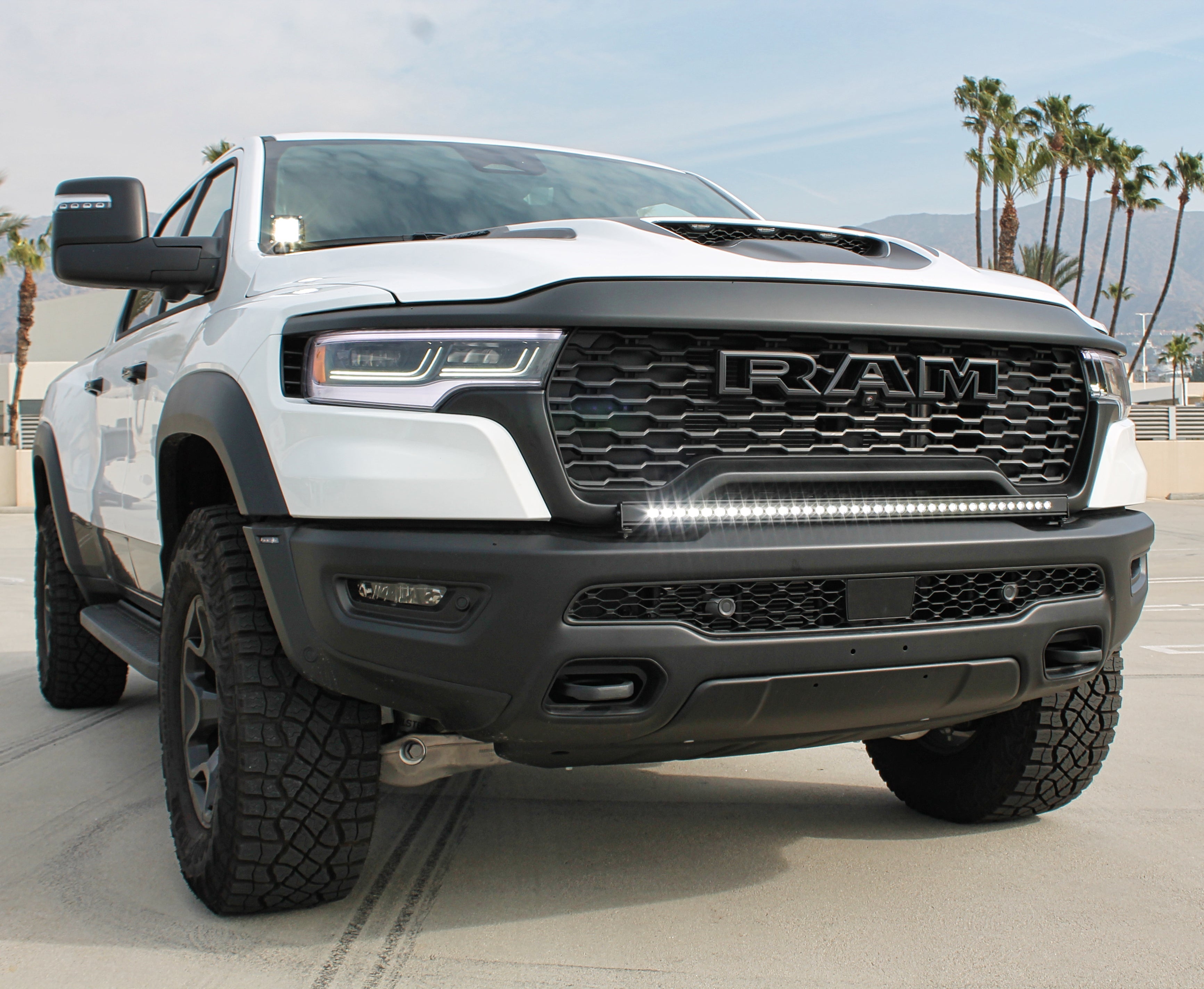 RAM RHO Lightbar on 2025+ RAM 1500 RHO with curved slim bumper integration for a factory look