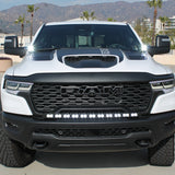 RAM RHO Ditch Lights - PRO 2025+ on RAM 1500 with dual white LED and amber DRL backglow under hood, rugged front view