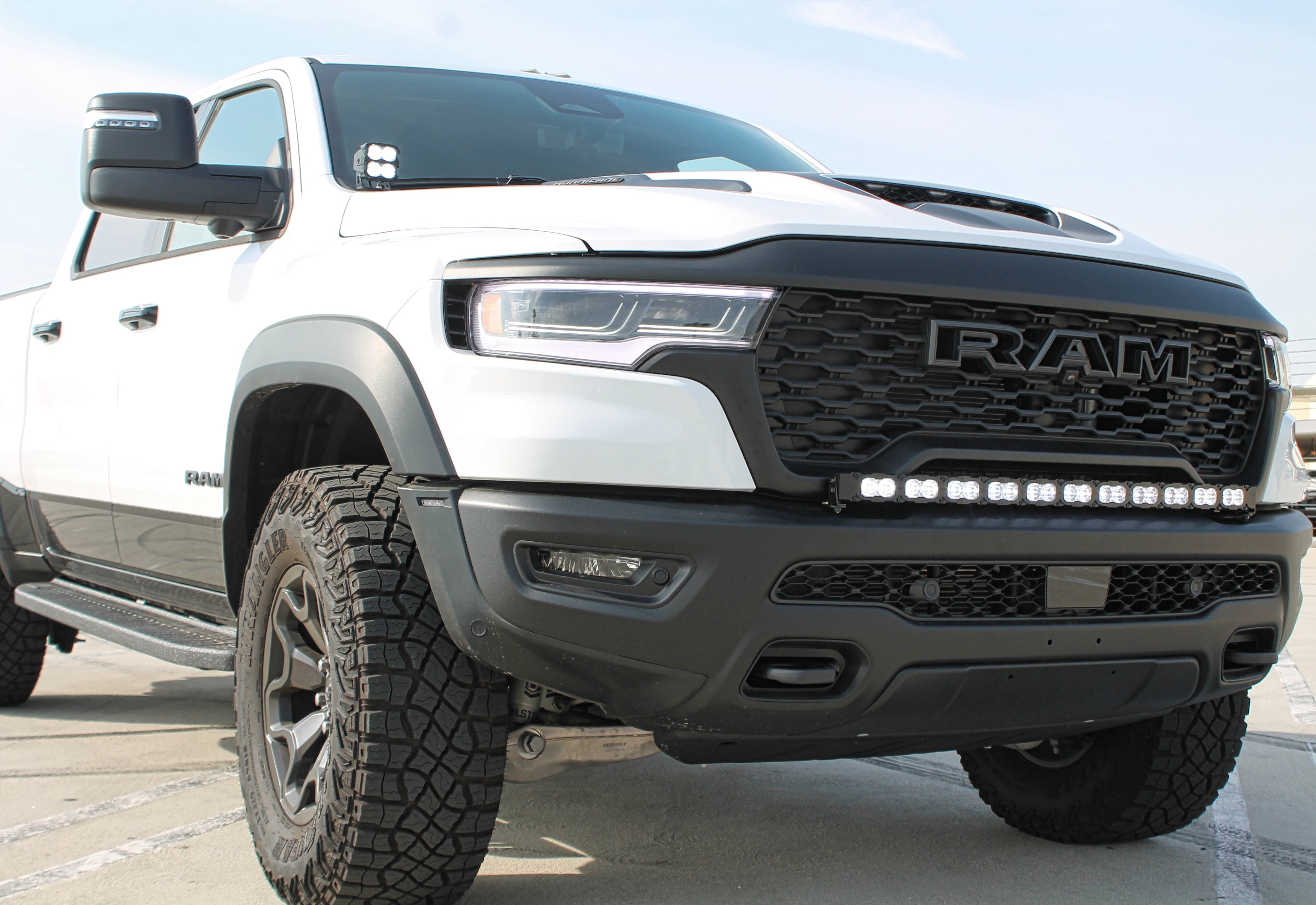 RAM REBEL lightbar front view on RAM 1500 Rebel with curved PRO LED bar, bolt-on install, no drilling