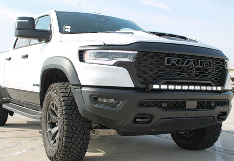 RAM REBEL lightbar front view on RAM 1500 Rebel with curved PRO LED bar, bolt-on install, no drilling