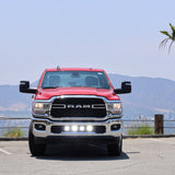 RAM 2500 lightbar Bumper Light kit installed on red 2019-2024 RAM 2500 lower grille LED light pods on in daylight parking lot