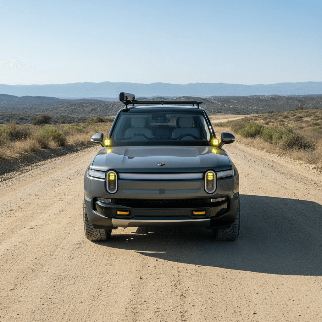gray 2024 rivian with ditch lights for off roading 