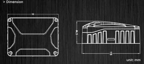 Dimension diagram of Wireless 8 Circuit Wiring Harness 2.0, showing top and side views with measurements in mm.