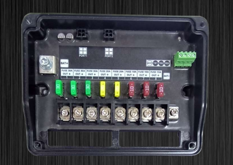 Wireless 8 Circuit Wiring Harness 2.0 control box with fuses and ports for easy connectivity and power management.