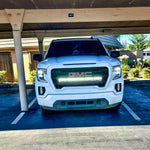 2019 2020 2021 2022 2023 white GMC Sierra 1500 with one white 40in behind grille light bar