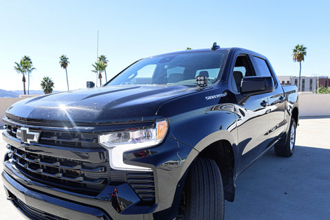 Silverado 1500 ditch lights PRO dual color LED ditch lights on 2022 Chevrolet Silverado 1500 black truck front driver side view