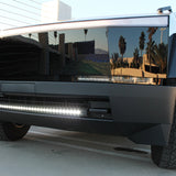 black tesla cybertruck with white curved LED light bar in the bumper