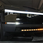 black tesla cybertruck with amber Daytime running curved light bar backglow light bar m&r automotive 