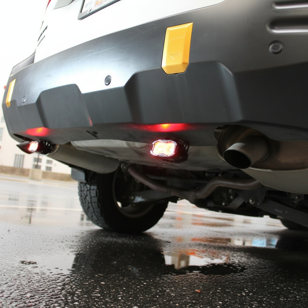 Subaru Outback reverse light kit 2020-2024 installed on rear bumper with bright LED pods illuminated